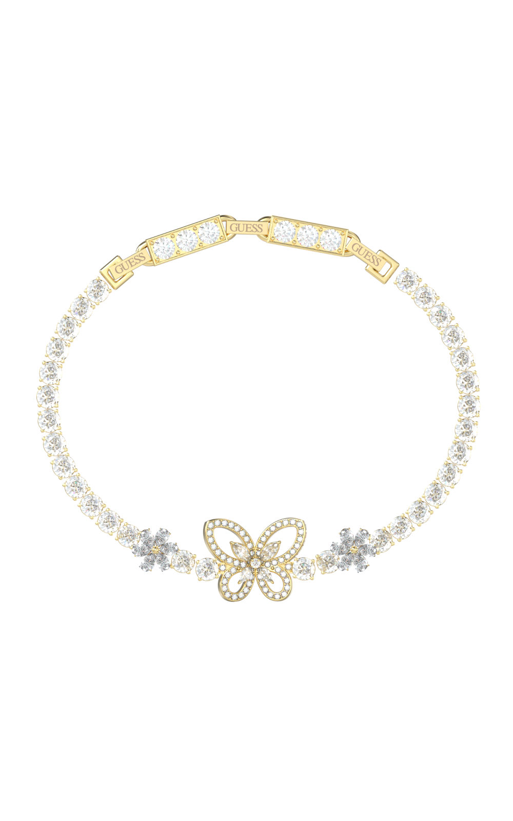 Γυναικείο βραχιόλι GUESS STEEL LILY JUBB05119JWYGT/U χρυσού χρώματος με σχέδιο πεταλούδα, διαφανείς πέτρες ζιργκόν και λογότυπο(21cm).