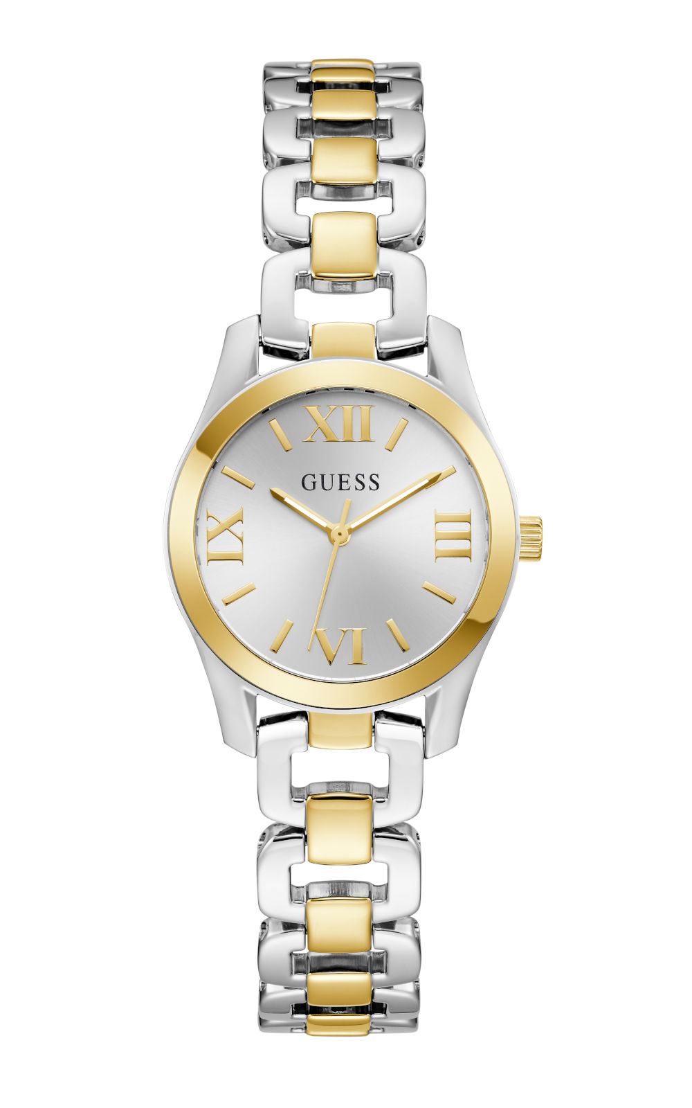 Γυναικείο ρολόι GUESS VEDA GW0927L6 διαμέτρου 28mm, με μηχανισμό QUARTZ ακριβείας, ασημί καντράν, κάσα και μπρασελέ από ανακυκλωμένο ατσάλι.