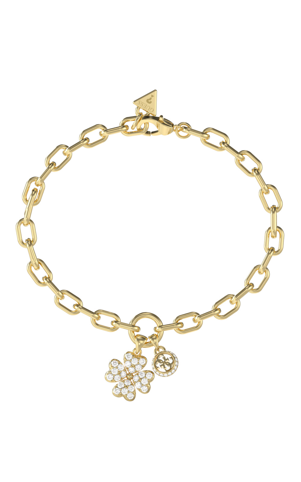 GUESS STEEL LOVE BITES JUBB06044JWYGL Βραχιόλι Χρυσό Με Κρεμαστό Τετράφυλλο Με Πέτρες Και Λογότυπο