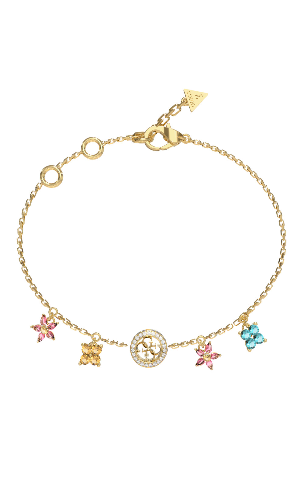 GUESS STEEL SECRET GARDEN JUBB06033JWYGMCL Βραχιόλι Χρυσό Με Πολύχρωμα Κρεμαστά Και Λογότυπο