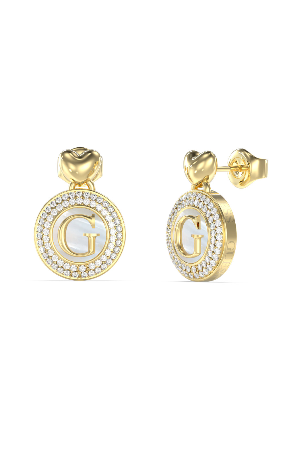 GUESS STEEL G TALISMAN JUBE06203JWYGT/U Σκουλαρίκια Χρυσά Με Λογότυπο Με Πέτρες Και Καρδιές